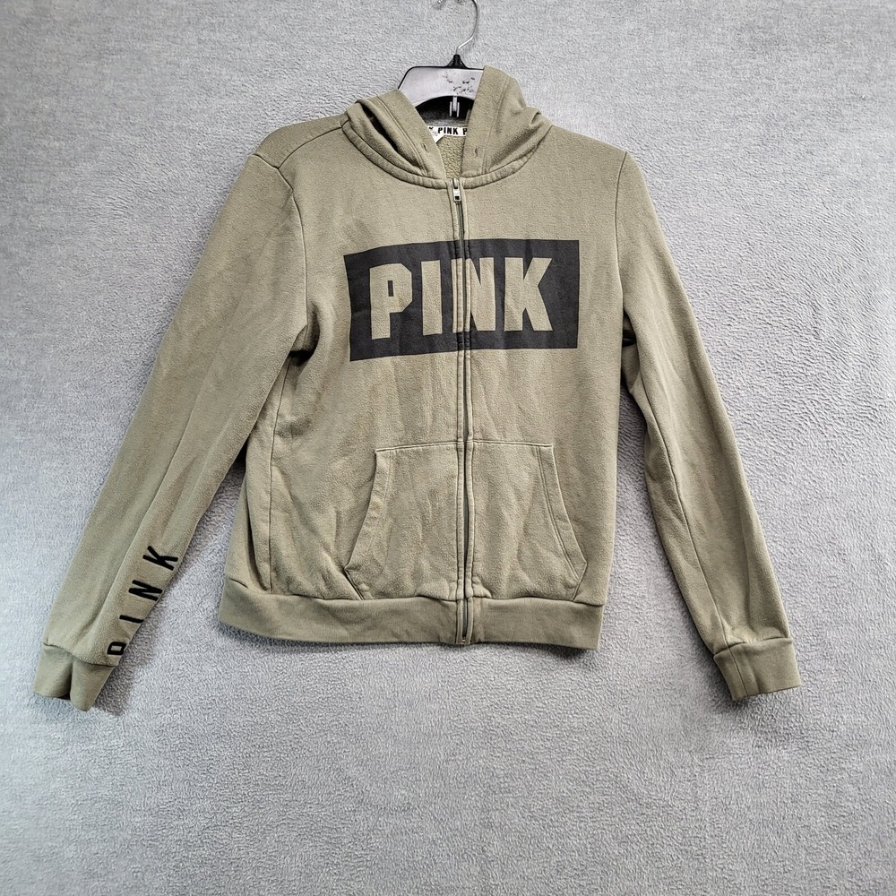 Victoria Secret PINK Women Sweatshirt Medium Green‎ Full Zip Hoodie Cropped